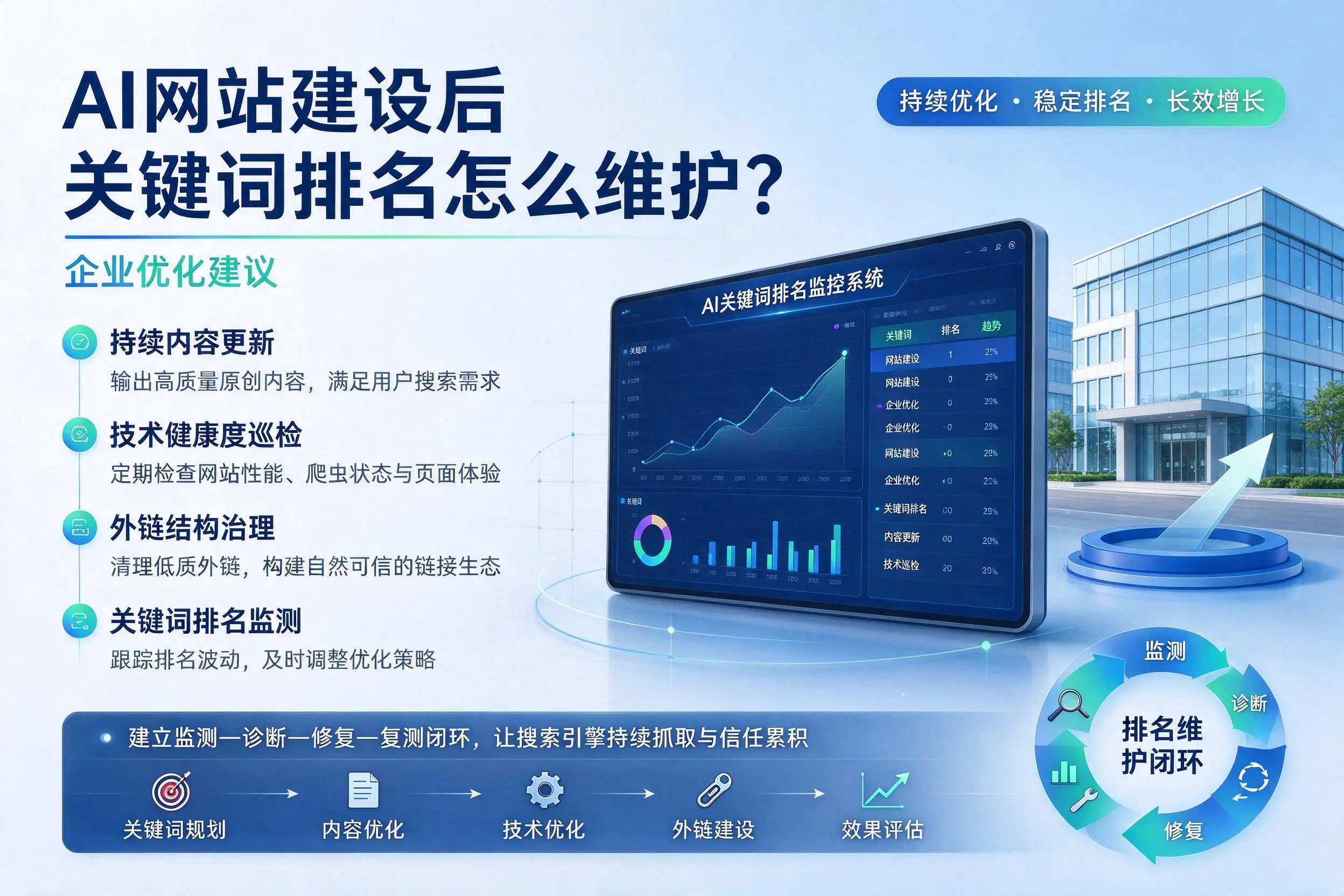 AI网站建设后关键词排名怎么维护?阿勒泰企业优化建议