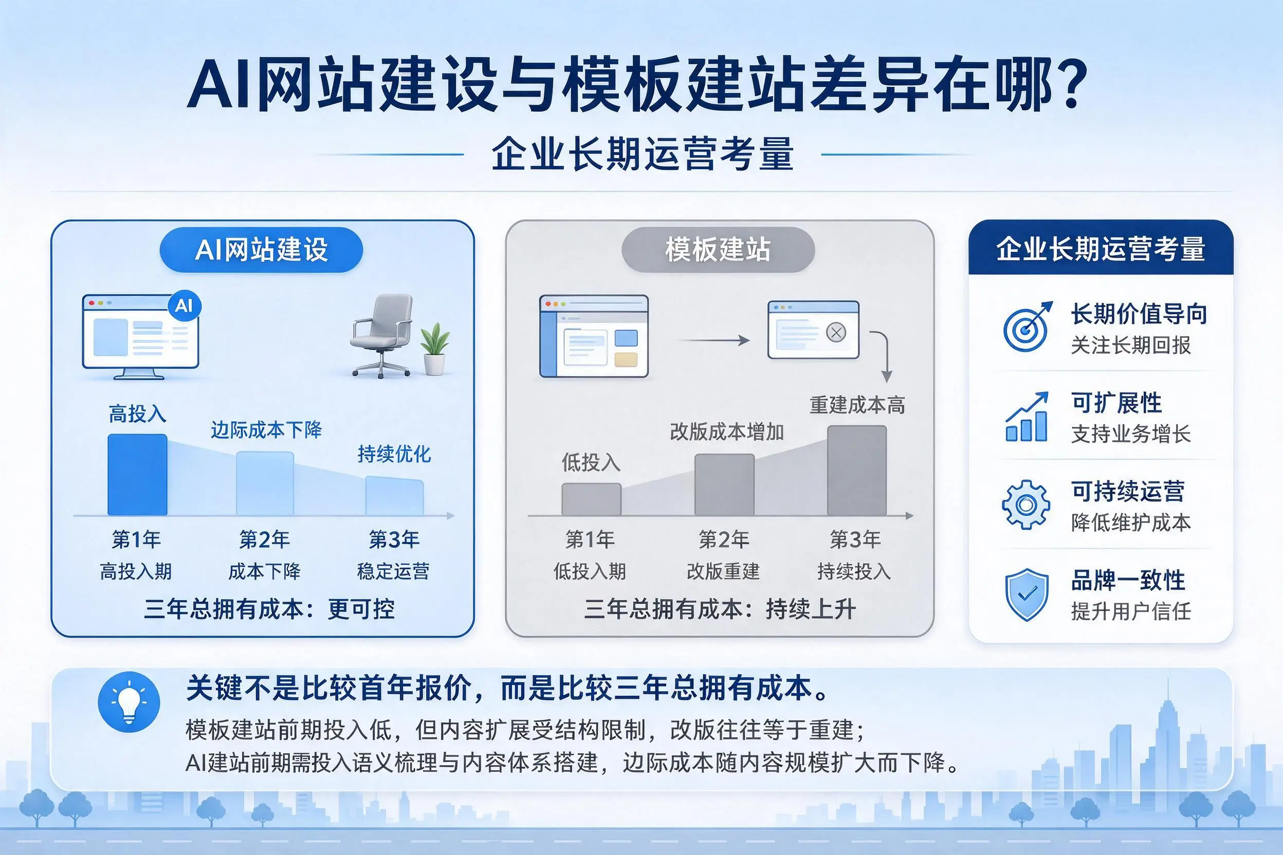 AI网站建设与模板建站差异在哪？阿勒泰企业长期运营考量